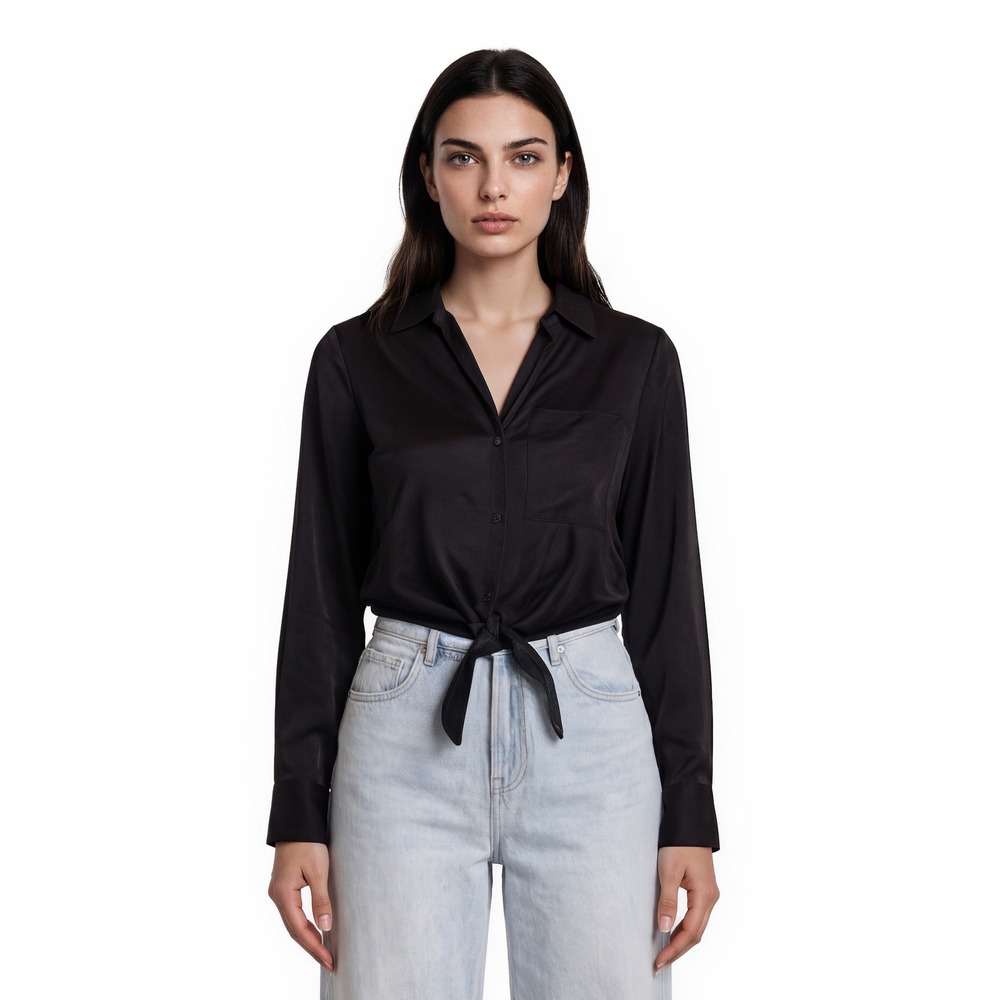 Sanctuary Black Tie Front Top Blouse Women's Size Small Long Sleeve Button Satin